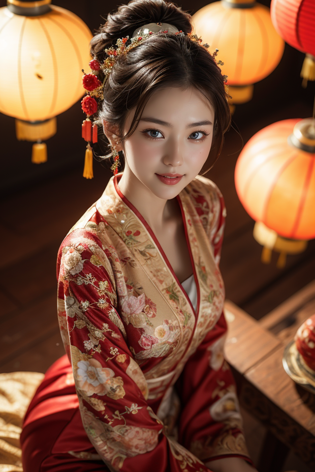 35913-1029987127-Spring Festival,1girl,solo,hair ornament,dress,black hair,black eyes,chinese clothes,from above,lantern,jewelry,red dress,lookin.png